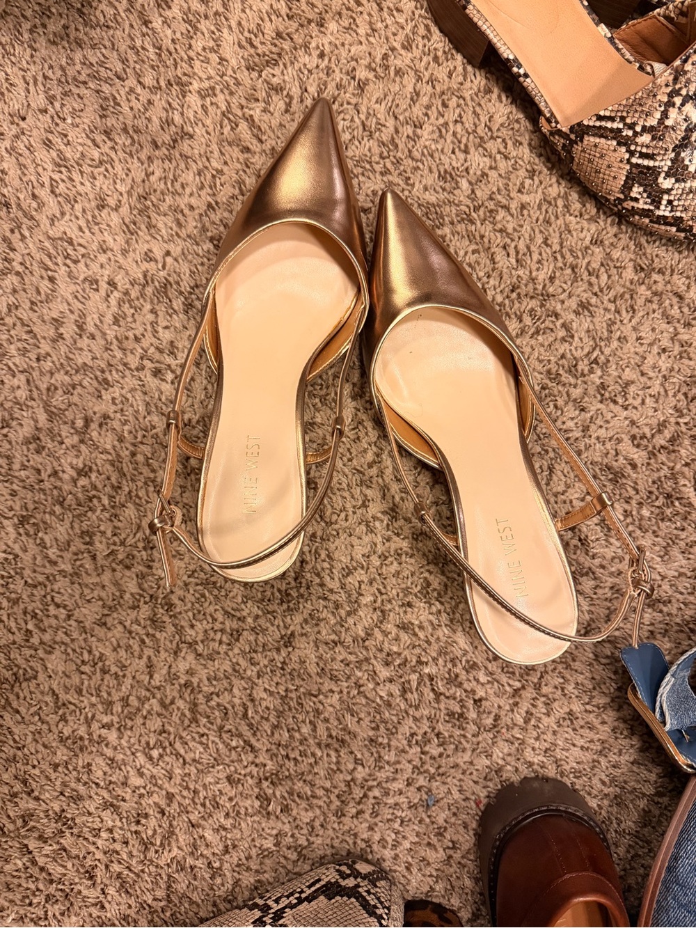 Nine West Gold Pointed Toe Kitten Heel Sling Backs